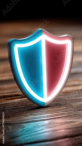 Shield with blue and red neon lights standing on wooden surface, showcasing modern design and glowing effects, perfect for digital art or tech-themed projects