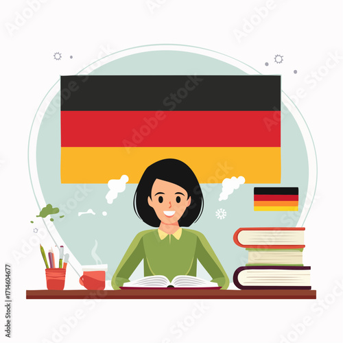 Young student sitting at a desk with an open book with german flag as a backgroud. Patriotism and celebrate german national day