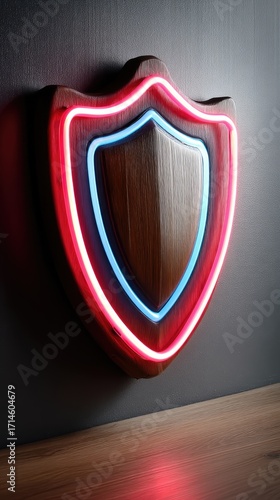 Decorative neon shield sign with blue and red lights on a dark wall in a cozy room, creating an inviting and modern atmosphere