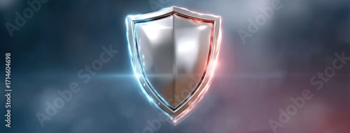 Shiny silver shield with blue and red light accents against a blurred background, symbolizing protection and security