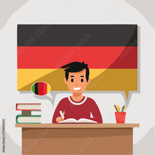Young student sitting at a desk with an open book with german flag as a backgroud. Patriotism and celebrate german national day