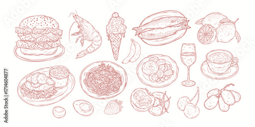Hand drawn chalk food illustrations. Italian  breakfast doodles. Mediterranean dinner. Vector of wine, charcuterie, spaghetti illustrations for invitations, menus, parties. dolce vita italian style