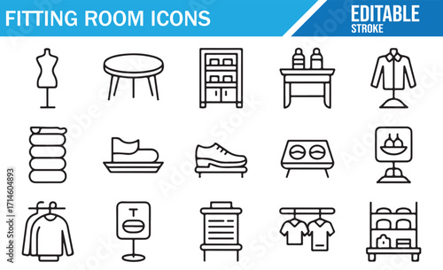 Outline fashion icons for fitting rooms including shoes, folded clothes, hangers, and racks