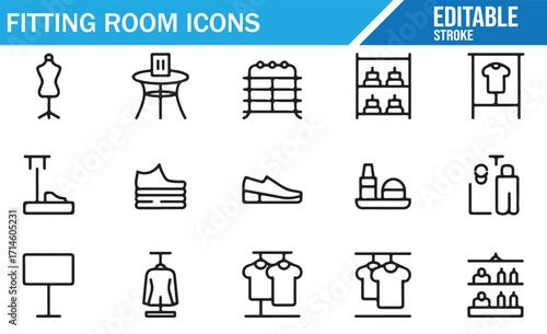 Editable stroke outline fitting room icons with mannequin, hangers, shelves, and clothing racks