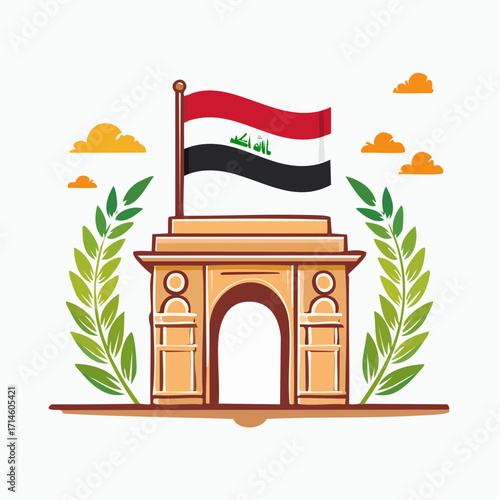 Historic stylized representation of the Ishtar Gate with a modern Iraqi flag flying on top. Representing Iraq national day
