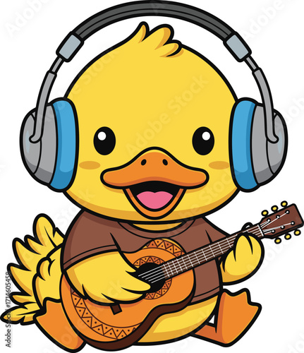Cartoon duck playing guitar — cheerful yellow character with headphones, brown shirt, and joyful singing pose in musical illustration