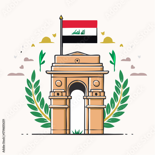 Historic stylized representation of the Ishtar Gate with a modern Iraqi flag flying on top. Representing Iraq national day