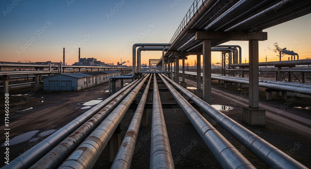 Naklejka premium A complex network of pipelines leading to a distant industrial plant.This wide-angle photograph presents a compelling view of an industrial landscape, dominated by long, parallel pipelines stretchin