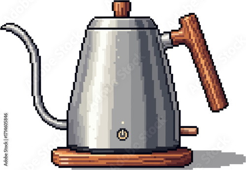 Pixelated illustration of a modern, stainless steel electric kettle with wooden handles.