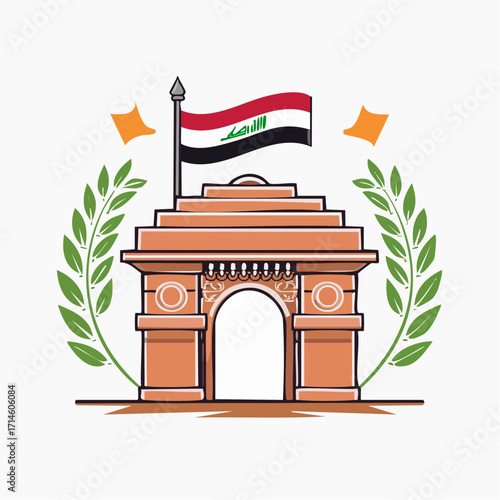 Historic stylized representation of the Ishtar Gate with a modern Iraqi flag flying on top. Representing Iraq national day