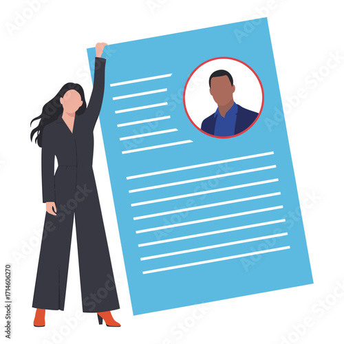 Illustrated person holding large resume or profile sheet, symbolizing job application, career development, and personal branding concepts