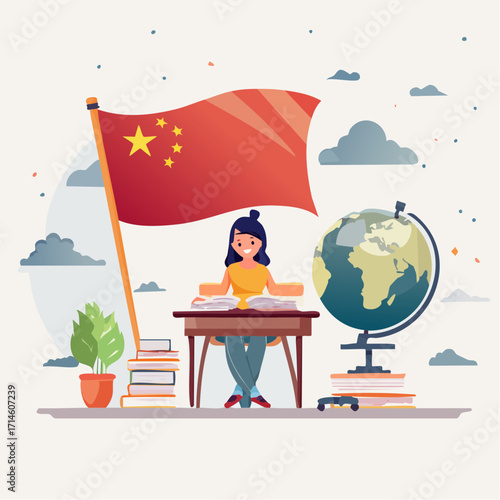 Young student sitting at a desk with an open book and a globe with china flag as a background. Patriotism and china celebrate national day