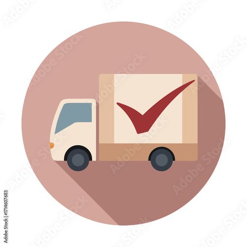 Stylized illustration of beige delivery truck with red checkmark inside pink circle, symbolizing shipping, logistics, and successful delivery