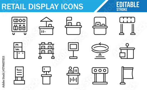 Outline icon pack of retail shelves, counters, signage, and promotional display tools