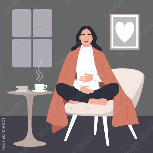 Person relaxing indoors on white chair with rust blanket, hot drink and books nearby, evoking cozy self-care and mindful living atmosphere