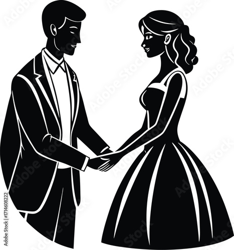 Elegant Wedding Couple Silhouette Holding Hands in Formal Attire Bride and Groom Black and White