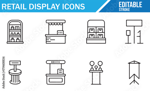 Business retail icons set with counters, market stalls, banners, and display units