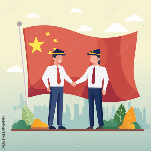 Close up two smiling diplomats or bussines man from different countries shaking hands firmly, with large china flag as a background