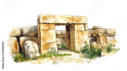 Ggantija Temples. Ggantija Temples watercolor vector illustration