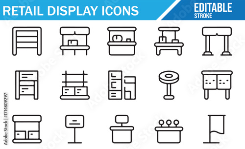 Vector set of exhibition and retail shop display elements with simple stroke design