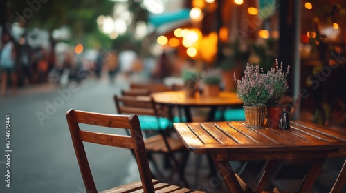 Fototapeta Naklejka Na Ścianę i Meble -  Charming outdoor cafe seating captures the peaceful ambiance of dusk. Tables are set with small plants, while warm lights create an inviting scene perfect for evening gatherings