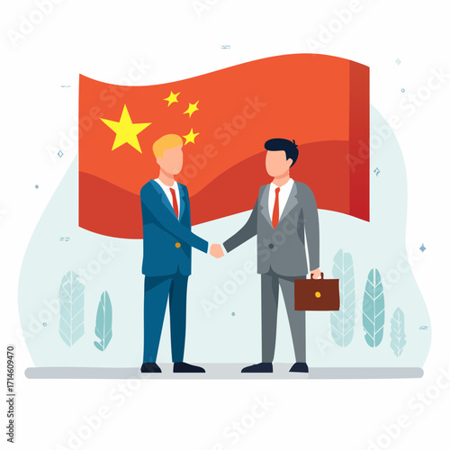 Close up two smiling diplomats or bussines man from different countries shaking hands firmly, with large china flag as a background
