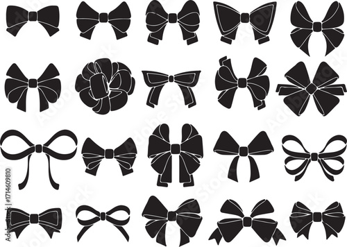 Decorative bow silhouette. Gift wrapping favor ribbon, black jubilee bows stencil vector icons set. Gift wrapping favor ribbon, black jubilee bows stencil. Christmas, anniversary or valentine day pack