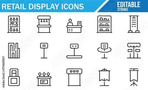 Editable stroke outline retail display icons with shelves, signage, podiums, and store furniture