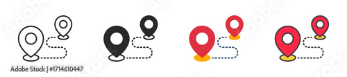 Location pin icons with dotted path representing navigation, travel route, GPS tracking, delivery, destination, journey planning, map direction, and transportation concept