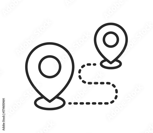 Location pin icons with dotted path representing navigation, travel route, GPS tracking, delivery, destination, journey planning, map direction, and transportation concept