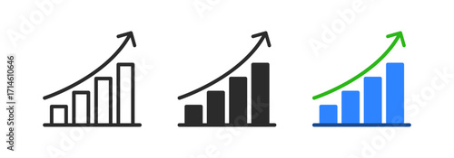 Rising bar chart icons with upward arrow representing business growth, financial success, investment, analytics, economic progress, performance improvement, and positive trend concept