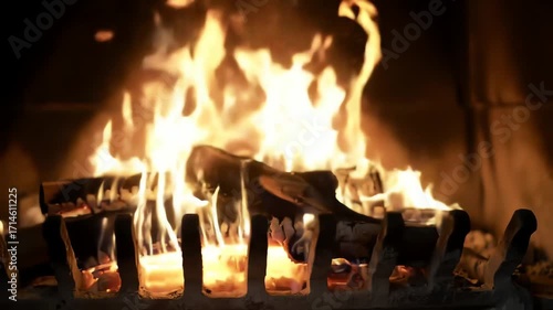 Cozy Fireplace Burning Wood Logs with Flames.