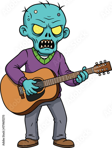 Cartoon zombie playing guitar — blue-skinned undead character with glowing eyes, angry expression, and musical pose in humorous design