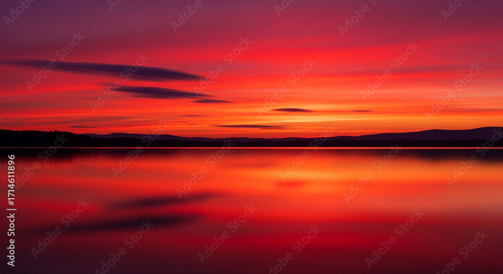 Naklejka premium Fiery Sunset Over Still Lake Waters Reflecting Mountains.