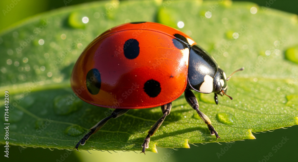 Fototapeta premium Ladybug on Leaf with Water Droplets CloseUp View.