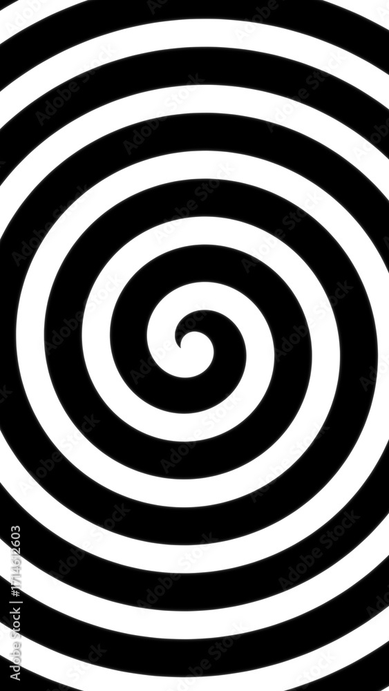 Naklejka premium Hypnotic spiral background with black and white rotating rings creating an optical illusion. Abstract geometric vector pattern for visual effects, dizzy concepts, and modern graphic design.