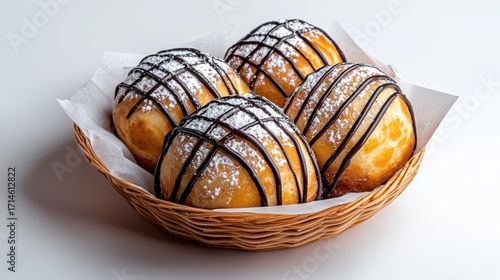 Wallpaper Mural Delicious round cream-filled pastries topped with chocolate drizzle and powdered sugar in a woven basket for dessert or sweet snack Torontodigital.ca