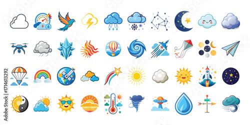A set of Vector art Collection of Weather and Nature Icons in a Flat and Pixelated Design Style for Web and Print on white background