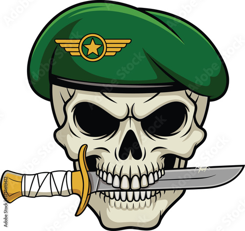 Skull with green beret and combat knife — bold military illustration featuring golden star emblem and gritty warrior symbolism
