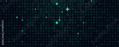 First Aid Medical Background Pattern Texture, Scattered Teal Cross Plus Symbols On Dark Tech BG With Subtle Glow, Backdrop Wallpaper For Emergency, Hospital Apps, Presentations. Vector Illustration