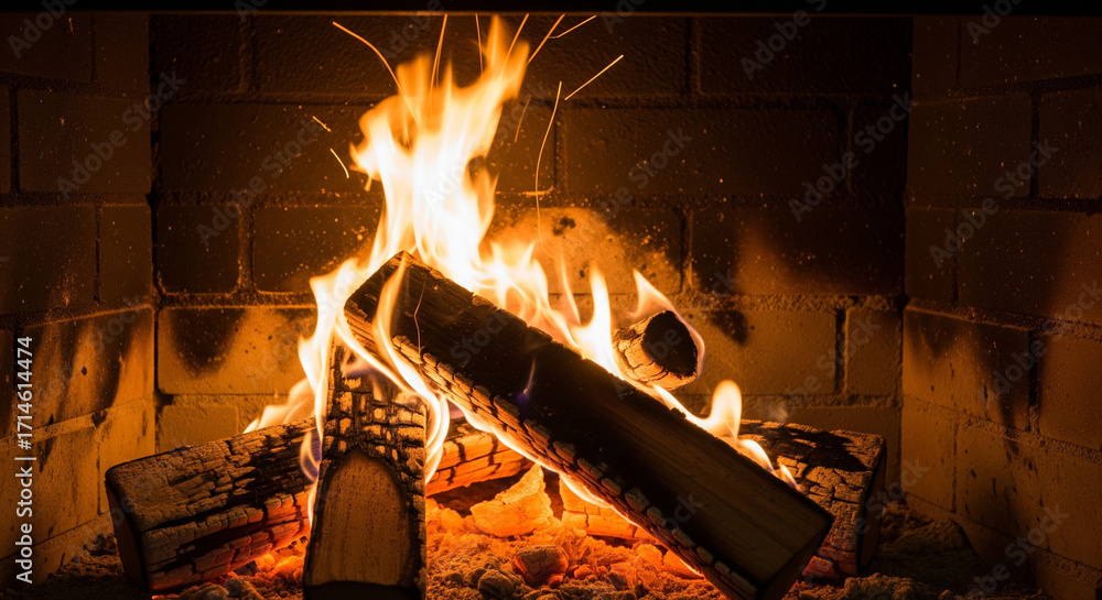 Obraz premium Warm Fireplace with Burning Logs and Bright Flames.