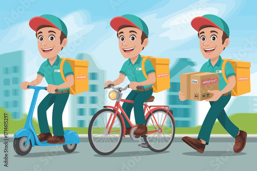 Bicycling family with a delivery man and woman with parcels on a sport cycle