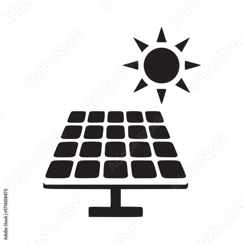 Illustration of a solar panel with the sun, symbolizing renewable energy, sustainability, and environmental responsibility, ideal for ecofriendly projects and clean energy initiatives
