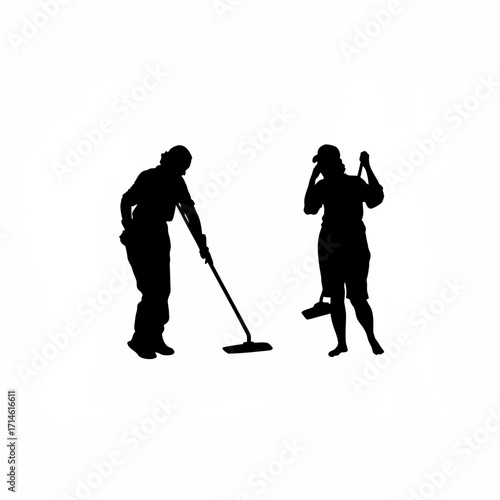 Silhouette of a concrete finisher wiping sweat while working isolated on white background