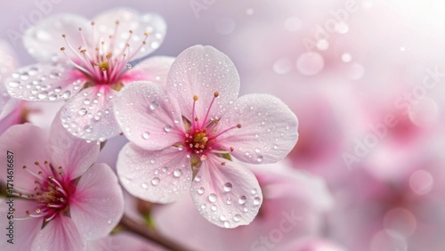 Closeup of pink cherry blossoms with water droplets on the petals and soft light