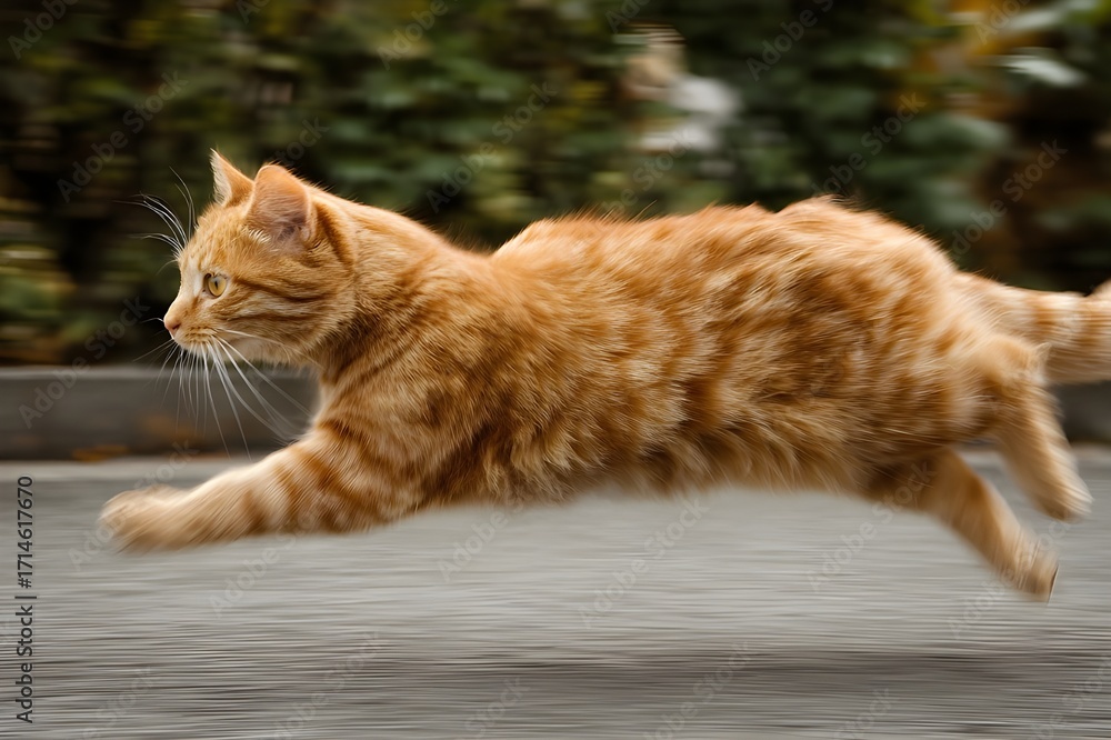 Obraz premium A ginger cat runs and transforms into a speedster while moving