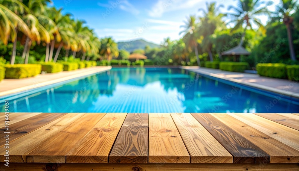 Obraz premium Empty wooden table with swimming pool background for product display
