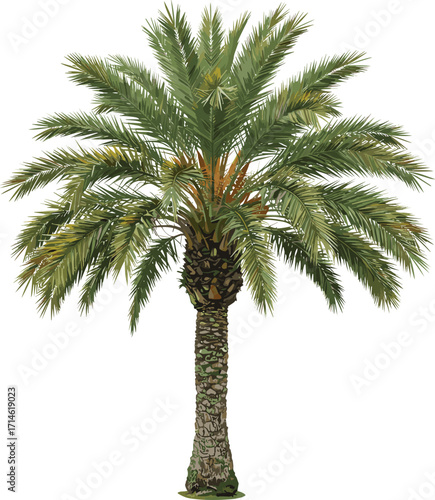 PrintDetailed tropical palm tree vector illustration with tall textured trunk and lush green fronds, isolated on white background for landscape and design use