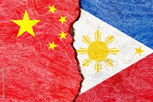 China and Philippines flags split, symbolizing relations and conflict. Abstract international politics concept