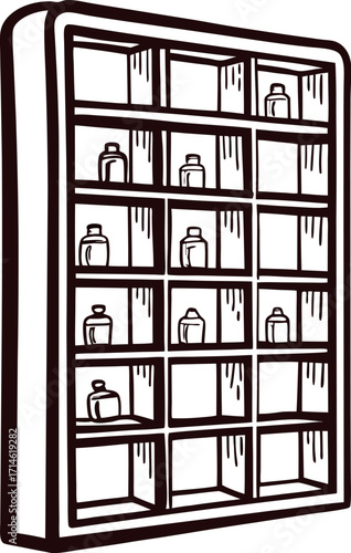 Hand drawn vintage apothecary cabinet with multiple shelves and glass jars front view sketch illustration
